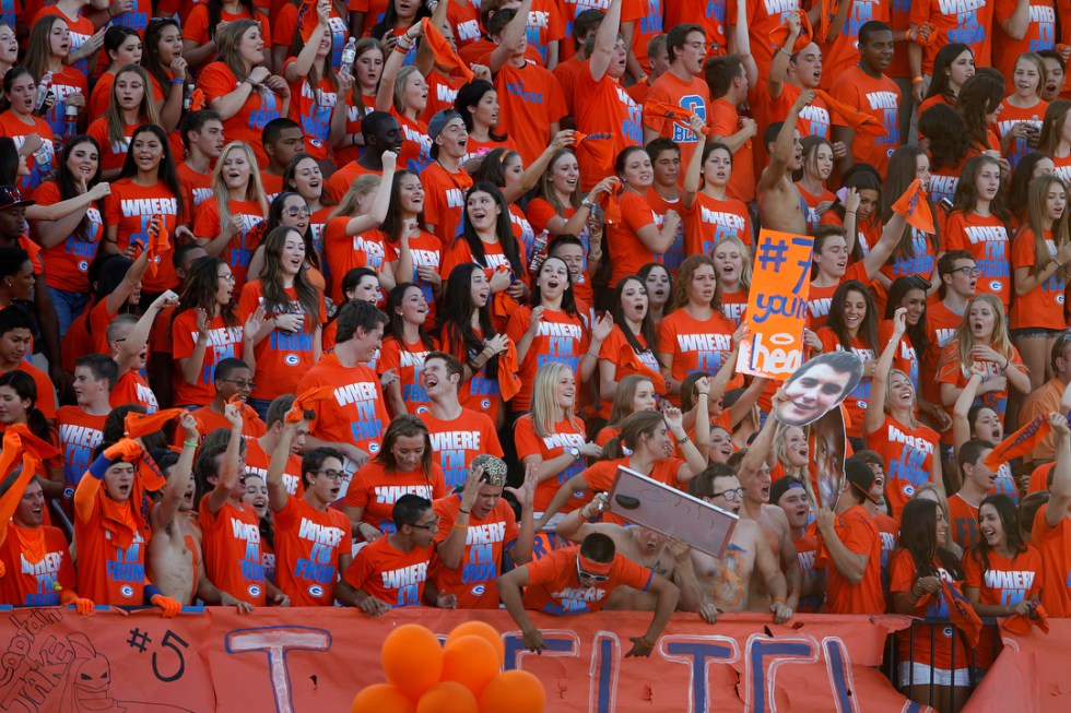 Bishop Gorman High School fans cheer their team on against Our Lady of Good Counsel High Sch ...