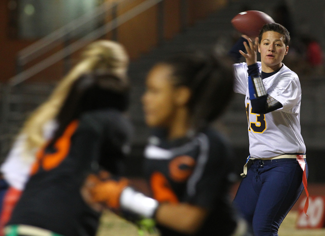 Foothill quarterback Sam Fennell (13) looks to throw a pass while playing a flag football ga ...