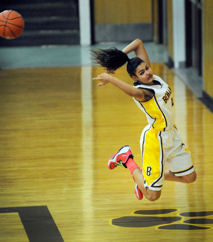 Bonanza’s Sianna Nelson saves the ball from going out of bounds on Wednesday against D ...