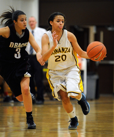 Bonanza’s Brooklyn Savage (20) brings the ball down court against Desert Oasis’ ...