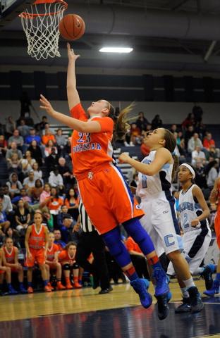 Bishop Gorman’s Megan Jacobs (23) drives past Centennial’s Tramina Jordan (1) an ...