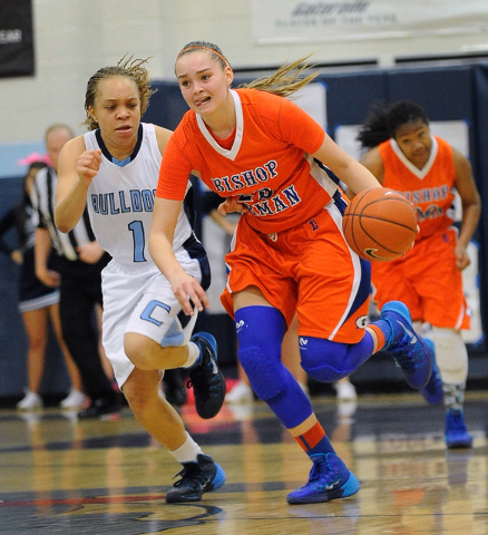 Bishop Gorman’s Megan Jacobs (23) brings the ball down court against Centennial’ ...