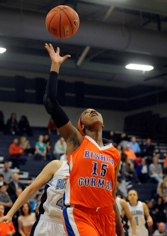 Bishop Gorman’s Maddison Washington reaches for the ball on Thursday. Washington had 1 ...