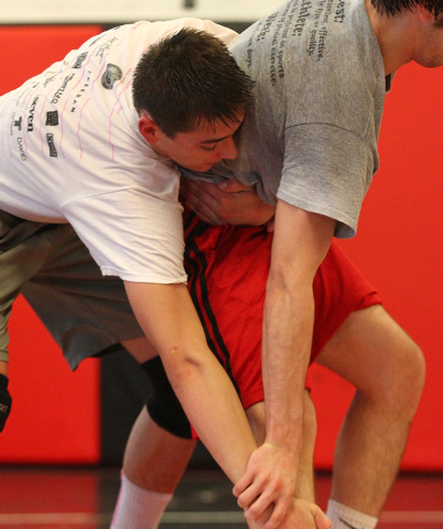 Liberty’s Storm Roper, left, wrestles against Las Vegas High’s Sergio Sanchez du ...