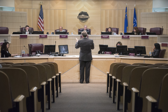 City manager candidate Scott D. Adams interviews with city council members in council chambers at Henderson City Hall on Thursday, July 9, 2015. (Jason Ogulnik/Las Vegas Review-Journal)