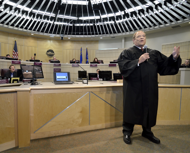 Rodney Burr speaks after being sworn in as municipal judge at Henderson City Hall at 240 S. Water St. in Henderson on Tuesday, May 17, 2016. Bill Hughes/Las Vegas Review-Journal