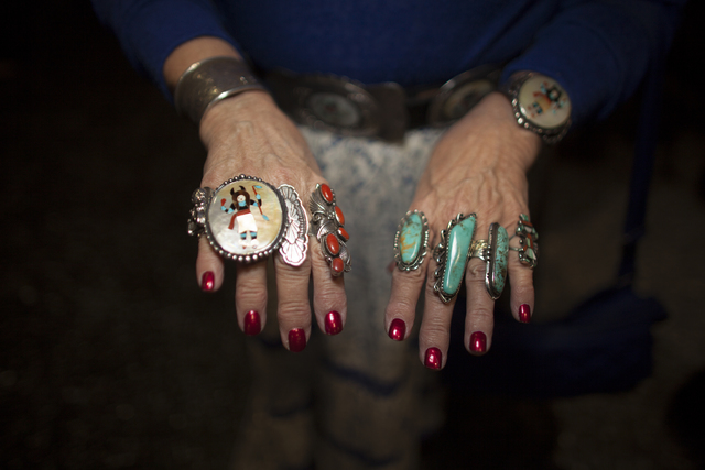 Sandy Bush shows off her rings at the National Finals Rodeo at Thomas & Mack Center on Sund ...