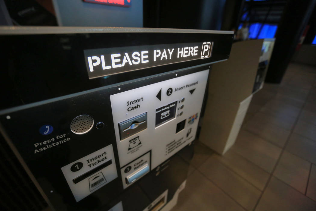 Kiosks inside the Linq hotel-casino allow visitors to pay for parking before leaving the buildi ...