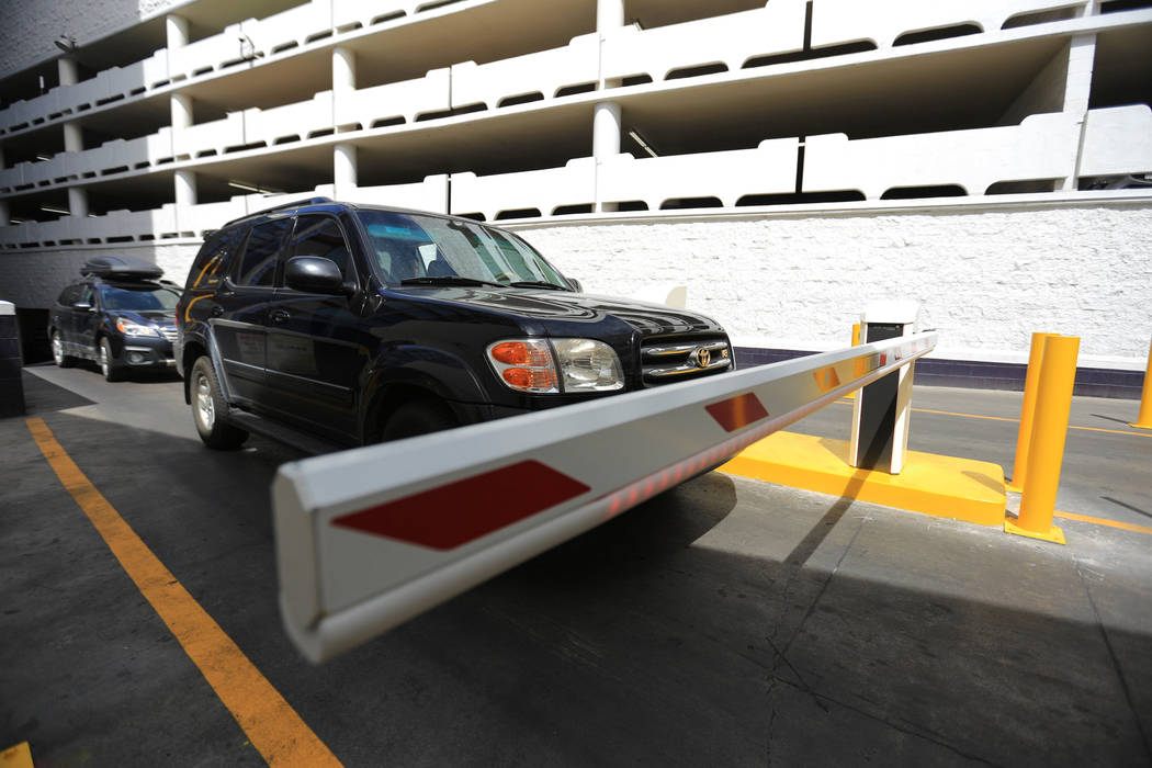 Drivers stop to work the new parking gates at the Linq hotel-casino in Las Vegas on Thursday, M ...