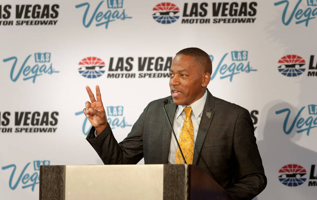 Clark County Commissioner and LVCVA Board Chairman Lawrence Weekly speaks during a press conference as the Las Vegas Convention and Visitors Authority (LVCVA) joined with Las Vegas Motor Speedway  ...