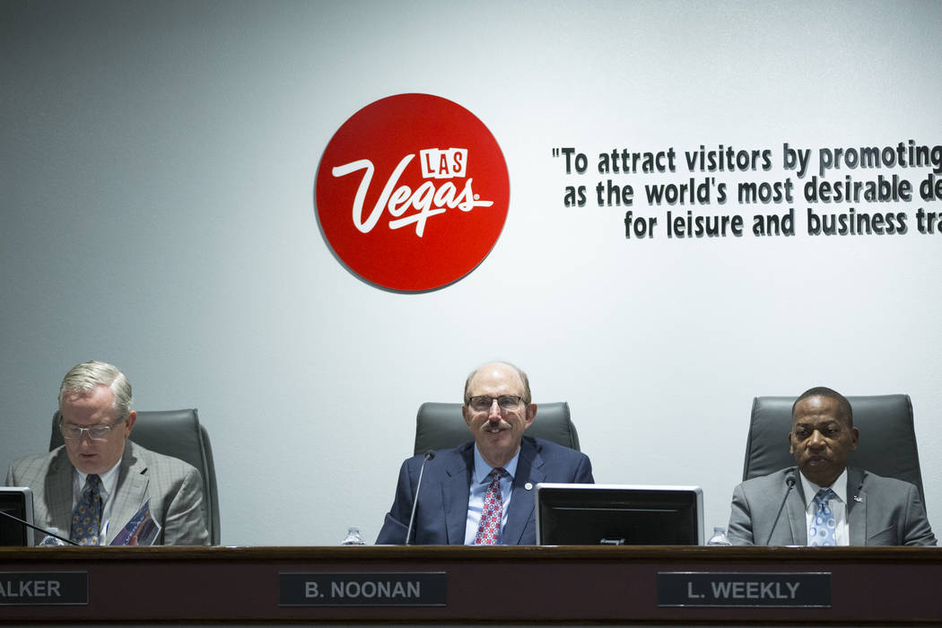 Las Vegas Convention and Visitors Authority board members from left, Cam Walker, Bill Noonan and Lawrence Weekly during a board meeting at the Las Vegas Convention Center on Tuesday, April 11, 201 ...
