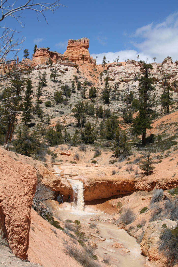 Hikers check out the fifteen foot waterfall found along the Mossy Cave Trail in Bryce Canyon National Park, Utah. (Deborah Wall)