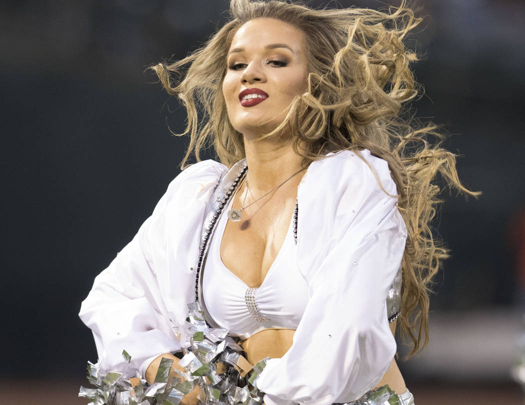 A Raiderette performs at a NFL preseason game against the Seattle Seahawks in Oakland, Calif., Thursday, Aug. 31, 2017. Heidi Fang Las Vegas Review-Journal @HeidiFang