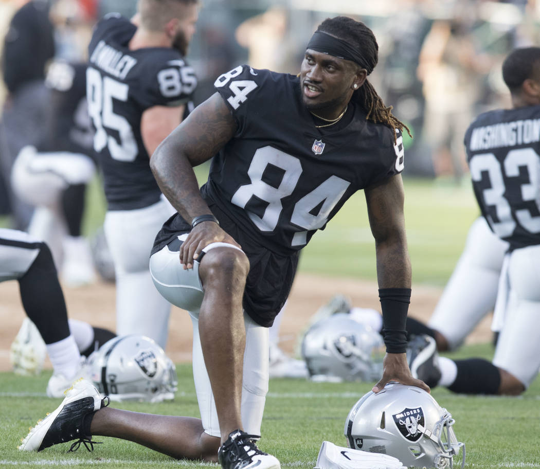 Oakland Raiders wide receiver Cordarrelle Patterson (84) warms up prior to the preseason game against Seattle Seahawks in Oakland, Calif., Thursday, Aug. 31, 2017. Heidi Fang Las Vegas Review-Jour ...