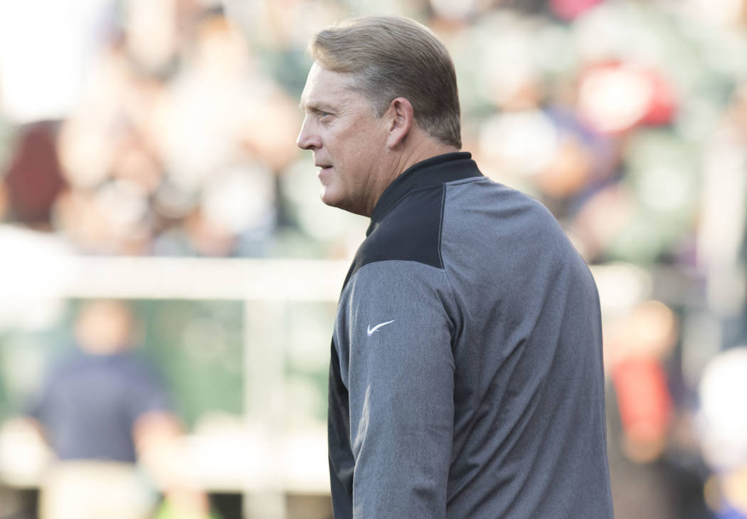 Oakland Raiders head coach Jack Del Rio at the team's preseason game against the Seattle Seahawks in Oakland, Calif., Thursday, Aug. 31, 2017. Heidi Fang Las Vegas Review-Journal @HeidiFang