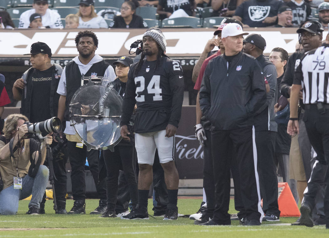 Oakland Raiders running back Marshawn Lynch (24) on the sideline in the first half of a NFL preseason game against the Seattle Seahawks in Oakland, Calif., Thursday, Aug. 31, 2017. Heidi Fang Las  ...
