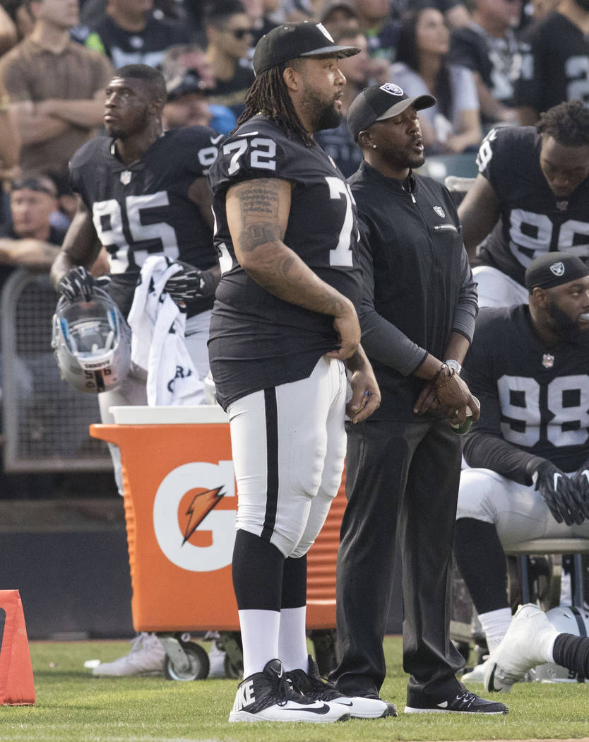 Oakland Raiders tackle Donald Penn (72) on the sideline in the first half of a preseason game against the Seattle Seahawks in Oakland, Calif., Thursday, Aug. 31, 2017. Heidi Fang Las Vegas Review- ...