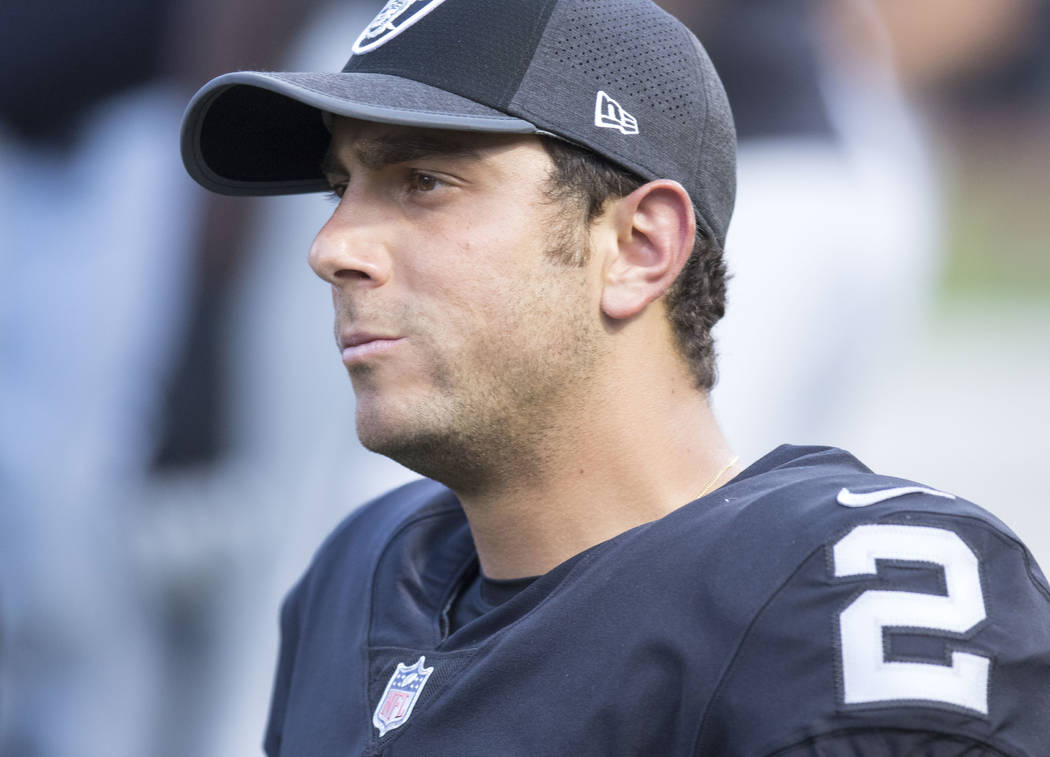 Oakland Raiders kicker Giorgio Tavecchio (2) watches the game against the Los Angeles Rams on the sideline, Saturday, Aug. 19, 2017. Heidi Fang Las Vegas Review-Journal @HeidiFang