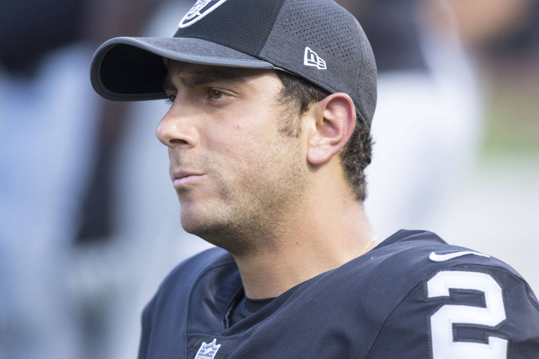 Oakland Raiders kicker Giorgio Tavecchio (2) watches the game against the Los Angeles Rams on the sideline, Saturday, Aug. 19, 2017. Heidi Fang Las Vegas Review-Journal @HeidiFang