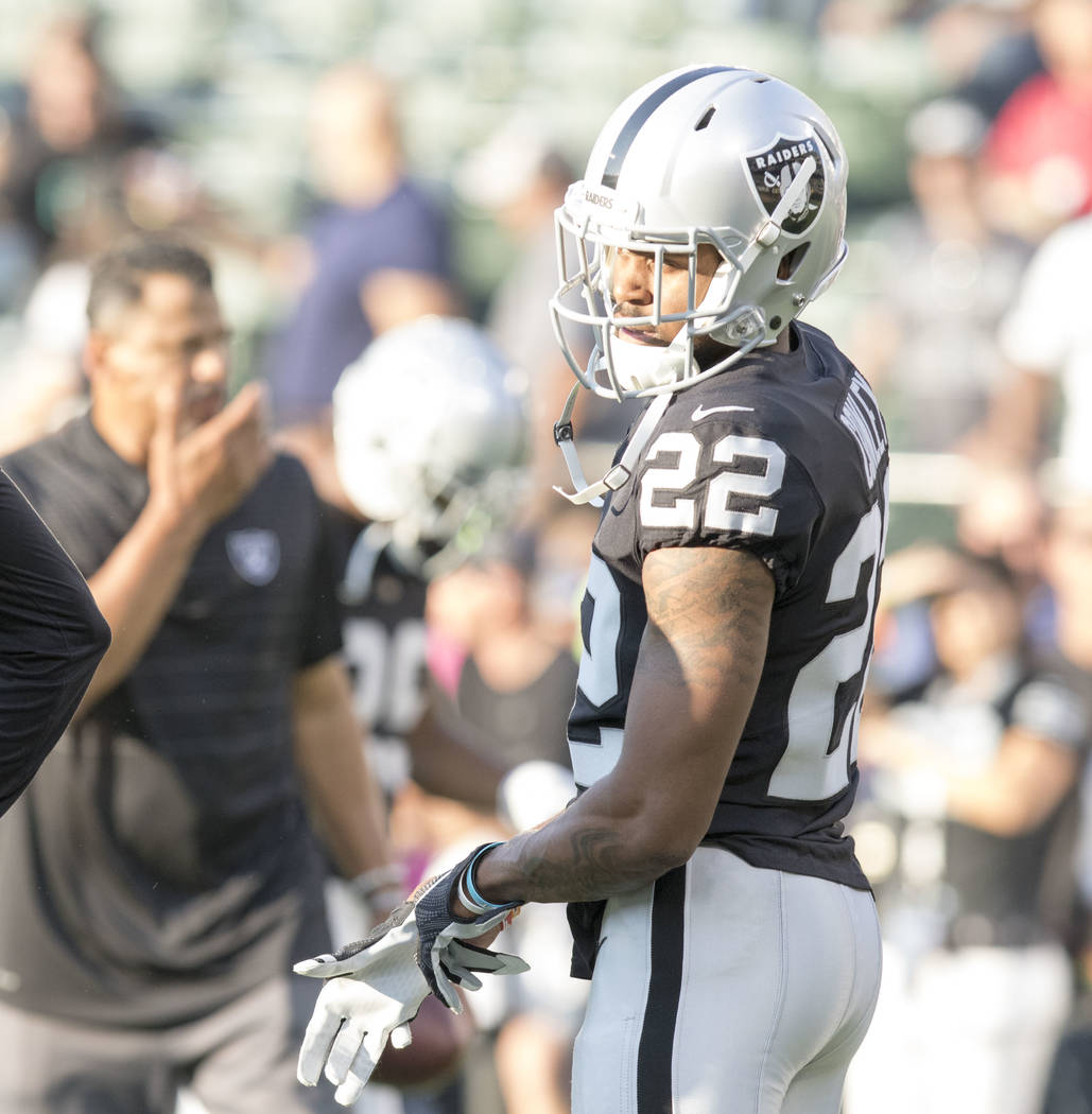Oakland Raiders cornerback Gareon Conley (22) at warm ups prior to the team's preseason game against Seattle Seahawks in Oakland, Calif., Thursday, Aug. 31, 2017. Heidi Fang Las Vegas Review-Journ ...