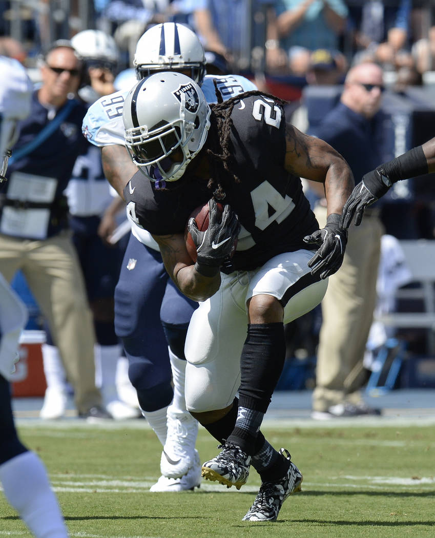 Oakland Raiders running back Marshawn Lynch (24) carries the ball against the Tennessee Titans in the first half of an NFL football game Sunday, Sept. 10, 2017, in Nashville, Tenn. (AP Photo/Mark  ...
