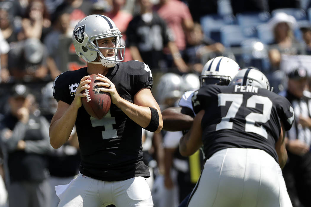Oakland Raiders quarterback Derek Carr (4) looks for a receiver in the first half of an NFL football game against the Tennessee Titans Sunday, Sept. 10, 2017, in Nashville, Tenn. (AP Photo/James K ...
