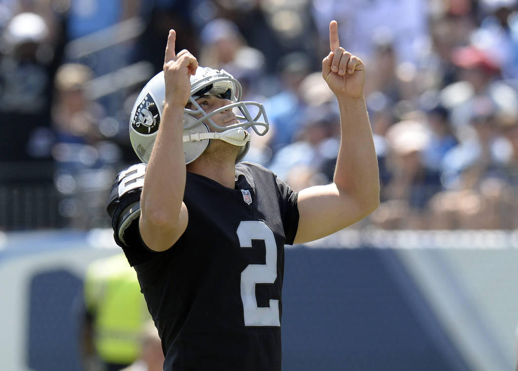 Oakland Raiders kicker Giorgio Tavecchio celebrates after kicking a field goal against the Tennessee Titans in the first half of an NFL football game Sunday, Sept. 10, 2017, in Nashville, Tenn. (A ...