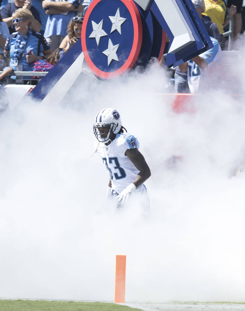 Tennessee Titans cornerback Tye Smith (33) comes on to the Nissan Stadium field for their game against the Oakland Raiders in Nashville, Tenn., Sunday, Sept. 10, 2017. Heidi Fang Las Vegas Review- ...