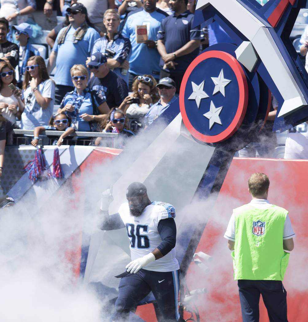 Tennessee Titans defensive tackle Sylvester Williams (96) comes on to the Nissan Stadium field for their game against the Oakland Raiders in Nashville, Tenn., Sunday, Sept. 10, 2017. Heidi Fang La ...