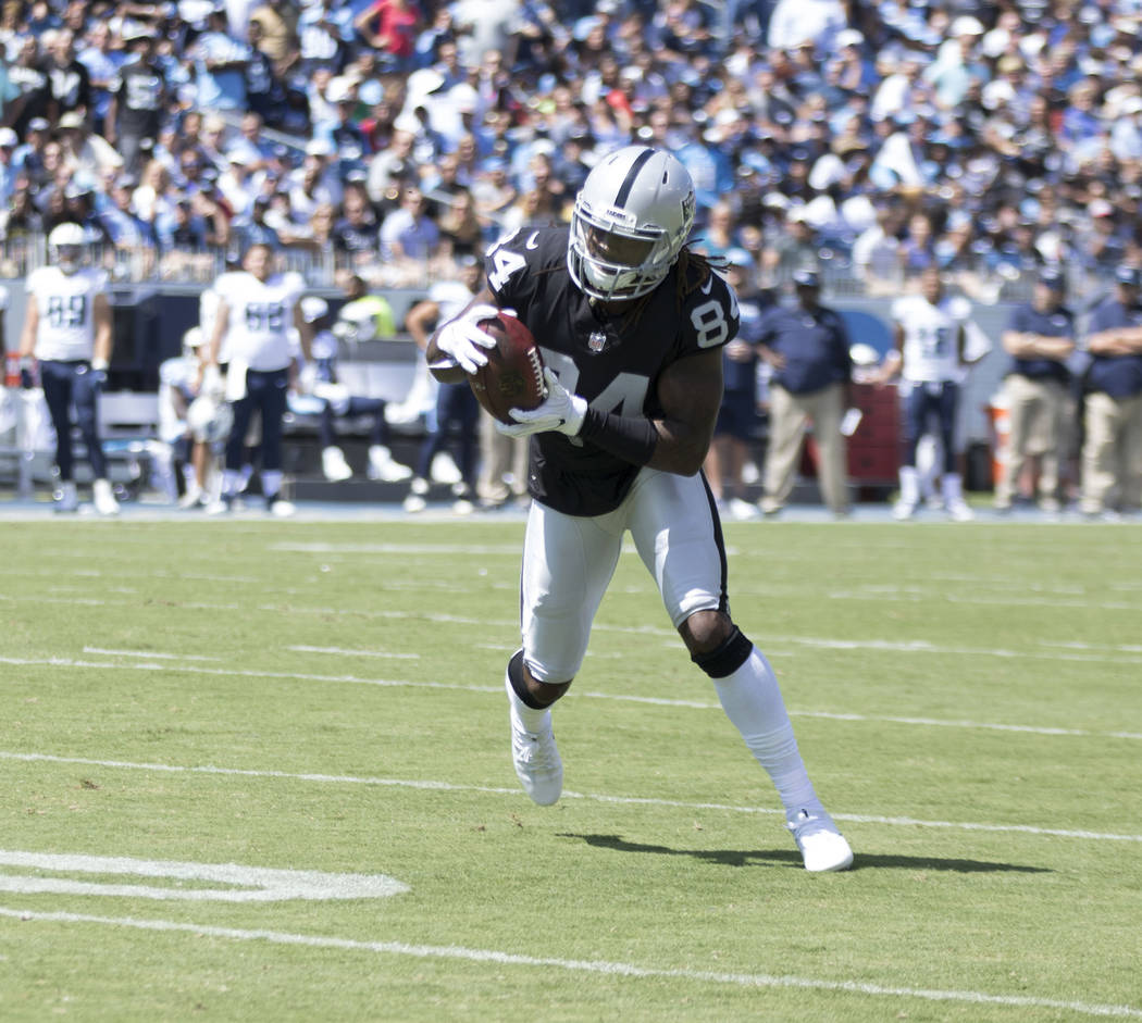 Oakland Raiders wide receiver Cordarrelle Patterson (84) catches the ball in the first half of the NFL game against the Tennessee Titans at the Nissan Stadium in Nashville, Tenn., Sunday, Sept. 10 ...