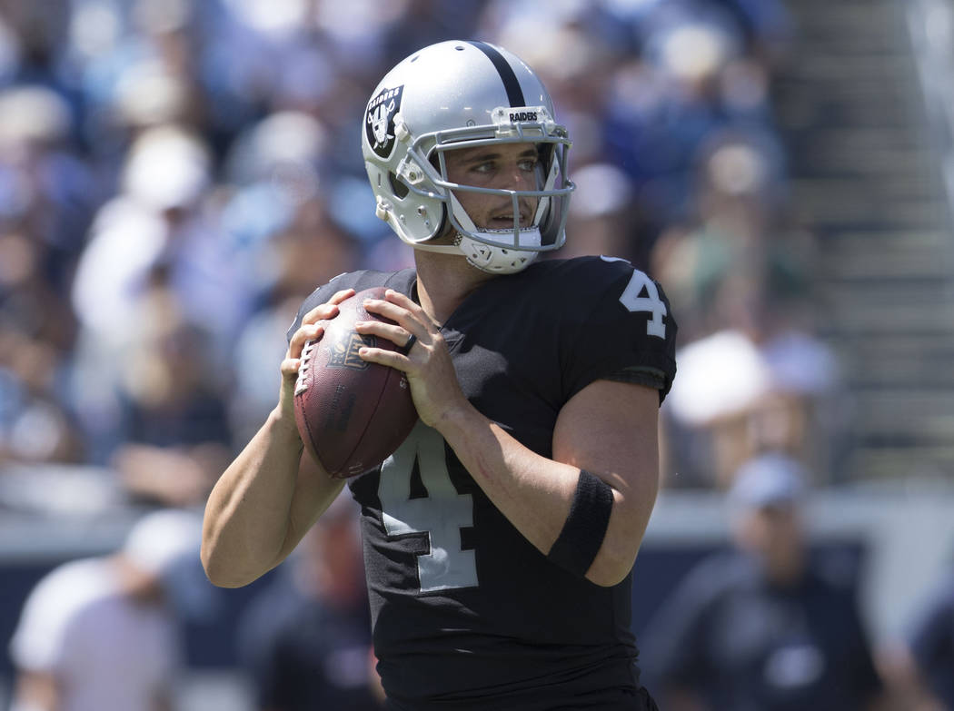 Oakland Raiders quarterback Derek Carr (4) prepares to throw a pass in the first half of the game against the Tennessee Titans at the Nissan Stadium in Nashville, Tenn., Sunday, Sept. 10, 2017. He ...