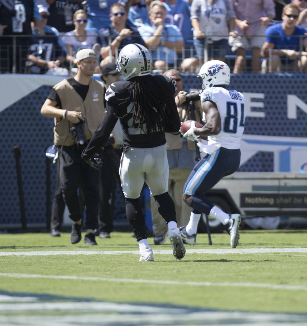 Tennessee Titans wide receiver Corey Davis (84) catches the ball in the first half of the game against the Oakland Raiders at the Nissan Stadium in Nashville, Tenn., Sunday, Sept. 10, 2017. Heidi  ...