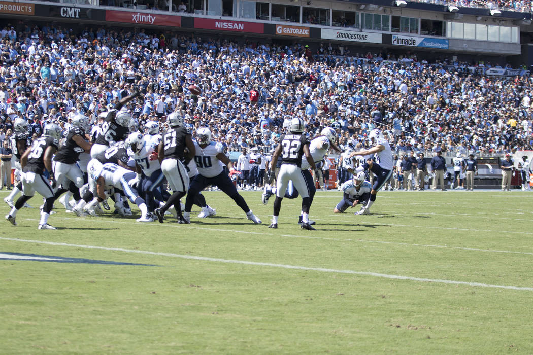 Tennessee Titans kicker Ryan Succop (4) kicks a field goal in the first half of the game against the Oakland Raiders at the Nissan Stadium in Nashville, Tenn., Sunday, Sept. 10, 2017. Heidi Fang L ...