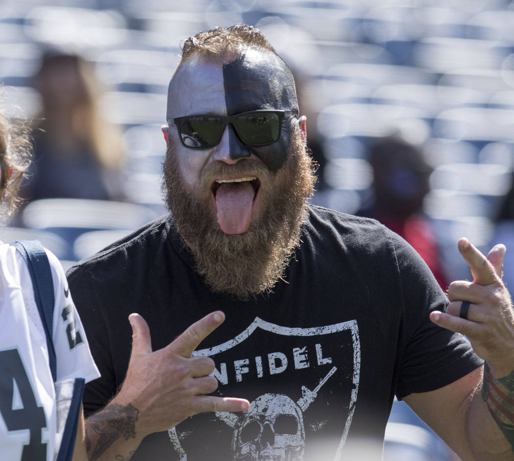 An Oakland Raiders' fan in the first half of their game against the Tennessee Titans at the Nissan Stadium in Nashville, Tenn., Sunday, Sept. 10, 2017. Heidi Fang Las Vegas Review-Journal @HeidiFang