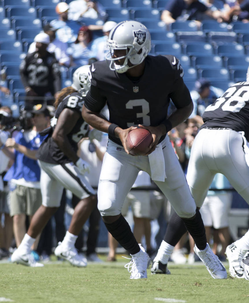Oakland Raiders quarterback EJ Manuel (3) warms up prior to the their game against the Tennessee Titans at the Nissan Stadium in Nashville, Tenn., Sunday, Sept. 10, 2017. Heidi Fang Las Vegas Revi ...