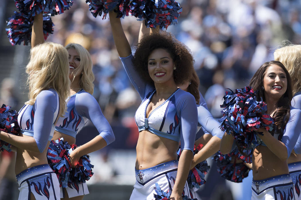 Tennessee Titans cheerleaders prepare to welcome the team to the field before they face the Oakland Raiders at the Nissan Stadium in Nashville, Tenn., Sunday, Sept. 10, 2017. Heidi Fang Las Vegas  ...