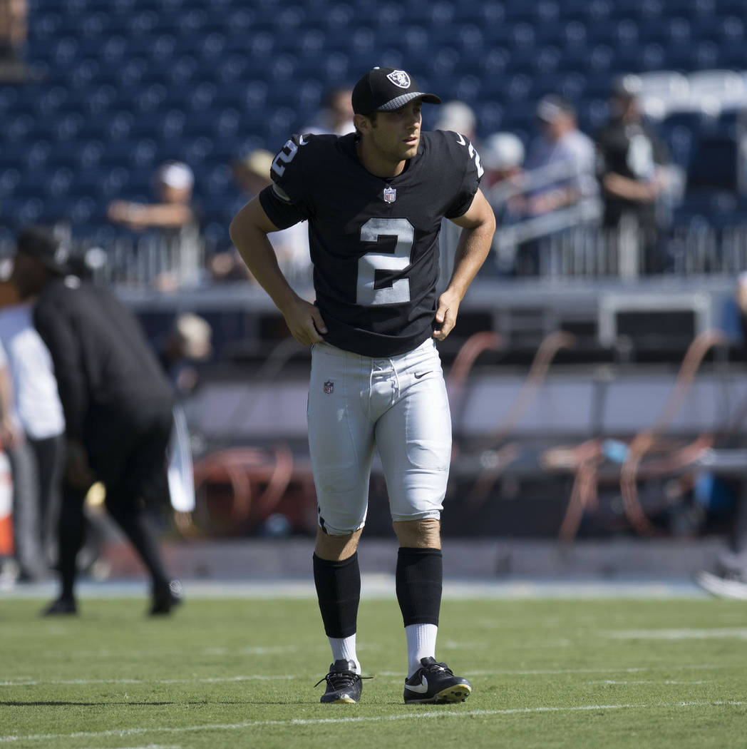 Oakland Raiders kicker Giorgio Tavecchio (2) prior to the start of the team's game against the Tennessee Titans at the Nissan Stadium in Nashville, Tenn., Sunday, Sept. 10, 2017. Heidi Fang Las Ve ...