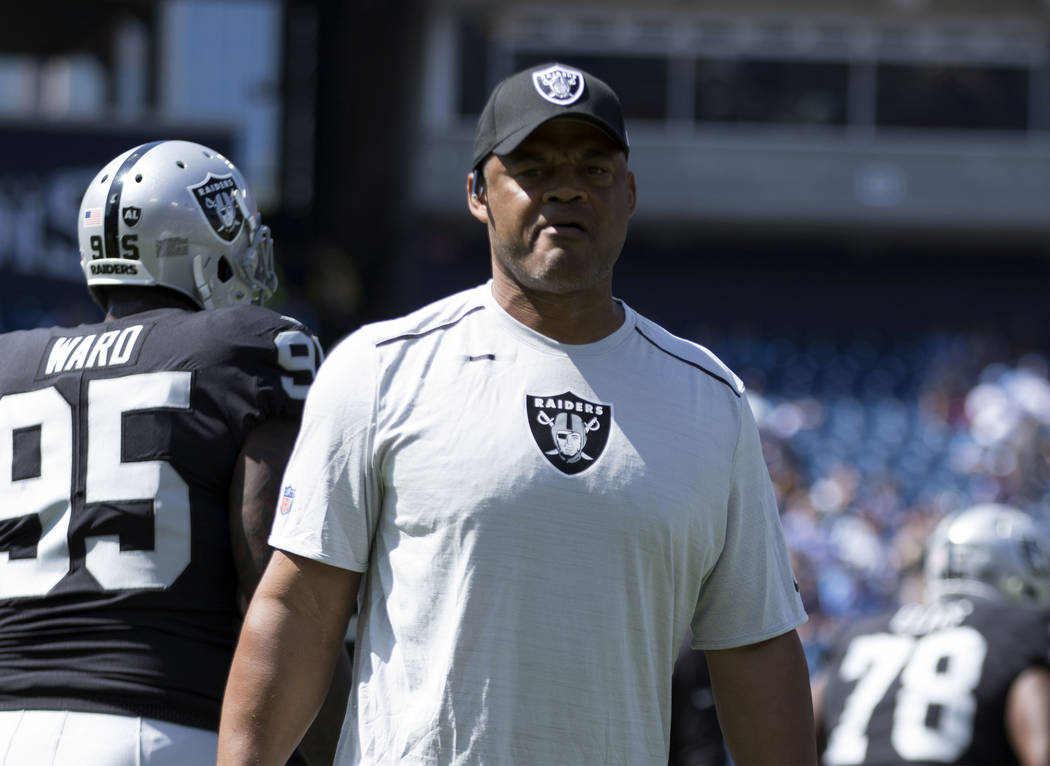 Defensive Coordinator Ken Norton, Jr., prior to the start of the Oakland Raiders game against the Tennessee Titans at the Nissan Stadium in Nashville, Tenn., Sunday, Sept. 10, 2017. Heidi Fang Las ...