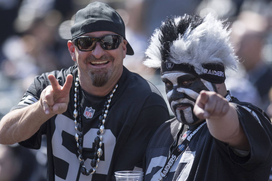 Oakland Raiders fans during the first half of the team's game against the New York Jets in Oakland, Calif., Sunday, Sept. 17, 2017. Heidi Fang Las Vegas Review-Journal @HeidiFang
