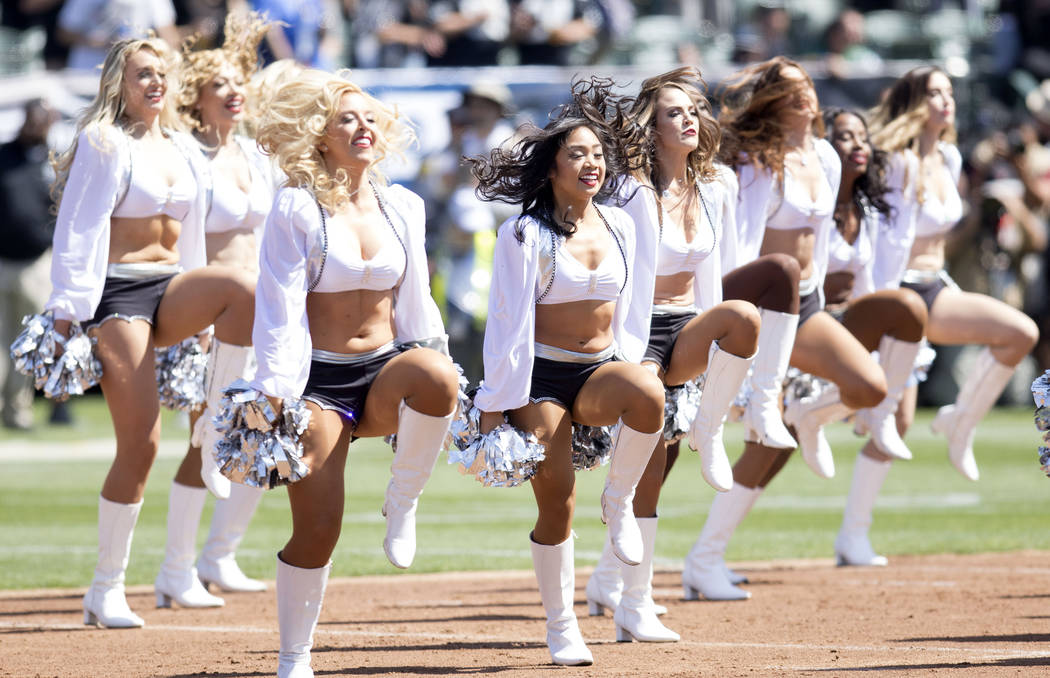 The Raiderettes perform prior to the Oakland Raiders game against the New York Jets in Oakland, Calif., Sunday, Sept. 17, 2017. Heidi Fang Las Vegas Review-Journal @HeidiFang