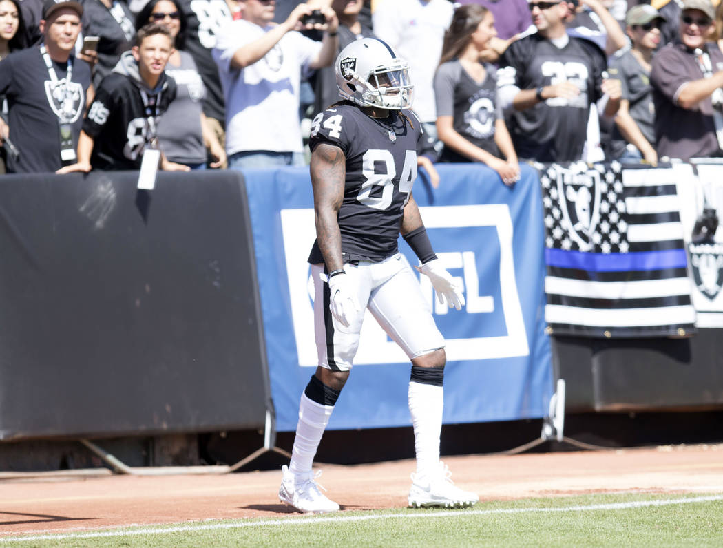 Oakland Raiders wide receiver Cordarrelle Patterson (84) waits in the end zone to receive the opening kickoff in the first half of the game against the New York Jets in Oakland, Calif., Sunday, Se ...