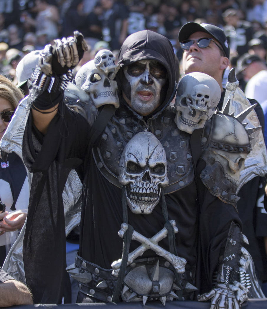 An Oakland Raider fan in the first half of the team's game against the New York Jets in Oakland, Calif., Sunday, Sept. 17, 2017. Heidi Fang Las Vegas Review-Journal @HeidiFang