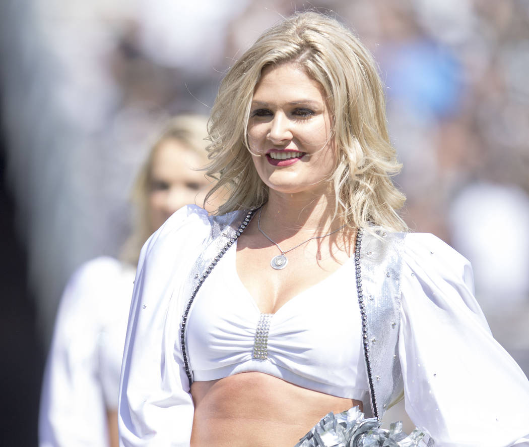 A Raiderette performs on the sideline in the first half of their game against the Jets in Oakland, Calif., Sunday, Sept. 17, 2017. Heidi Fang Las Vegas Review-Journal @HeidiFang