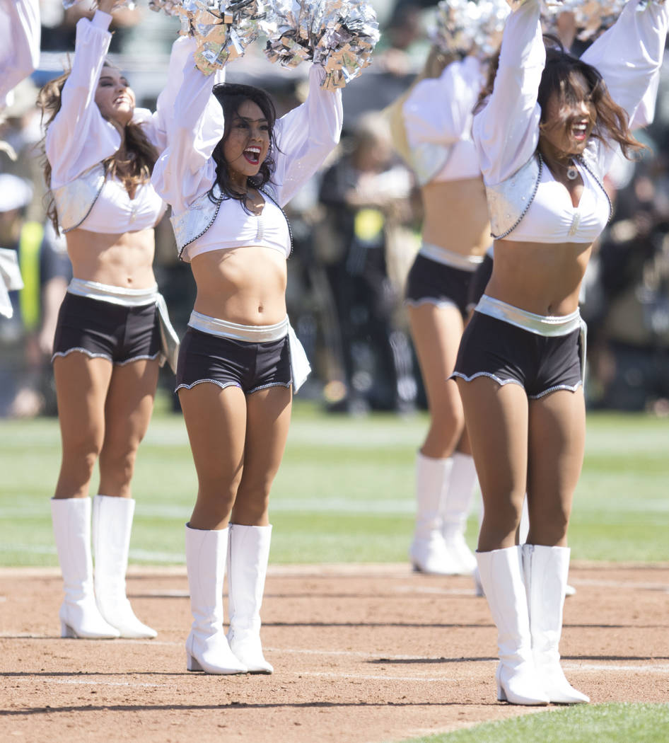 The Raiderettes perform during the first half of the game against the New York Jets in Oakland, Calif., Sunday, Sept. 17, 2017. Heidi Fang Las Vegas Review-Journal @HeidiFang