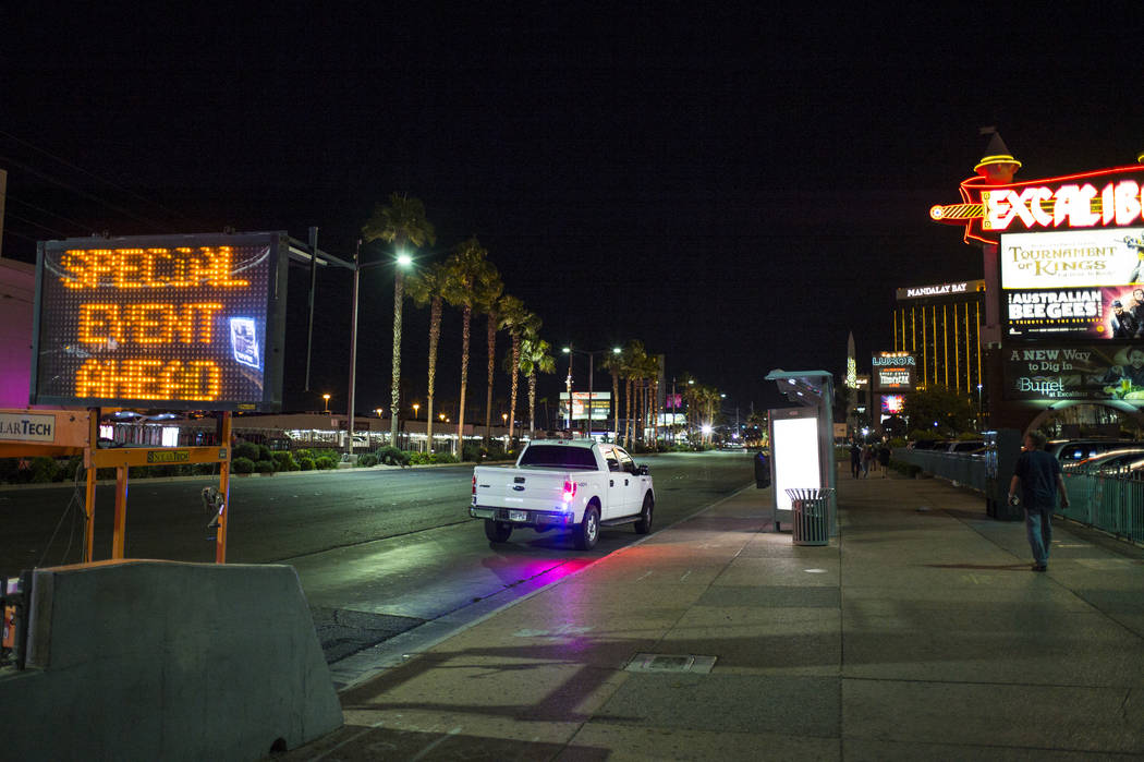 A view looking down Las Vega Boulevard following an active shooter situation that left 50 dead and over 200 injured on the Las Vegas Strip during the early hours of Monday, Oct. 2, 2017. Chase Ste ...
