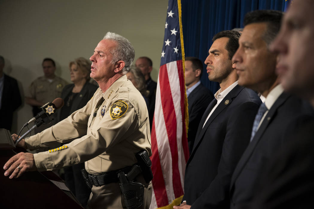 Clark County Sheriff Joe Lombardo discusses the mass shooting during a press conference at the Las Vegas Metropolitan Police Department headquarters in Las Vegas, Monday, Oct. 2, 2017. Erik Verduz ...