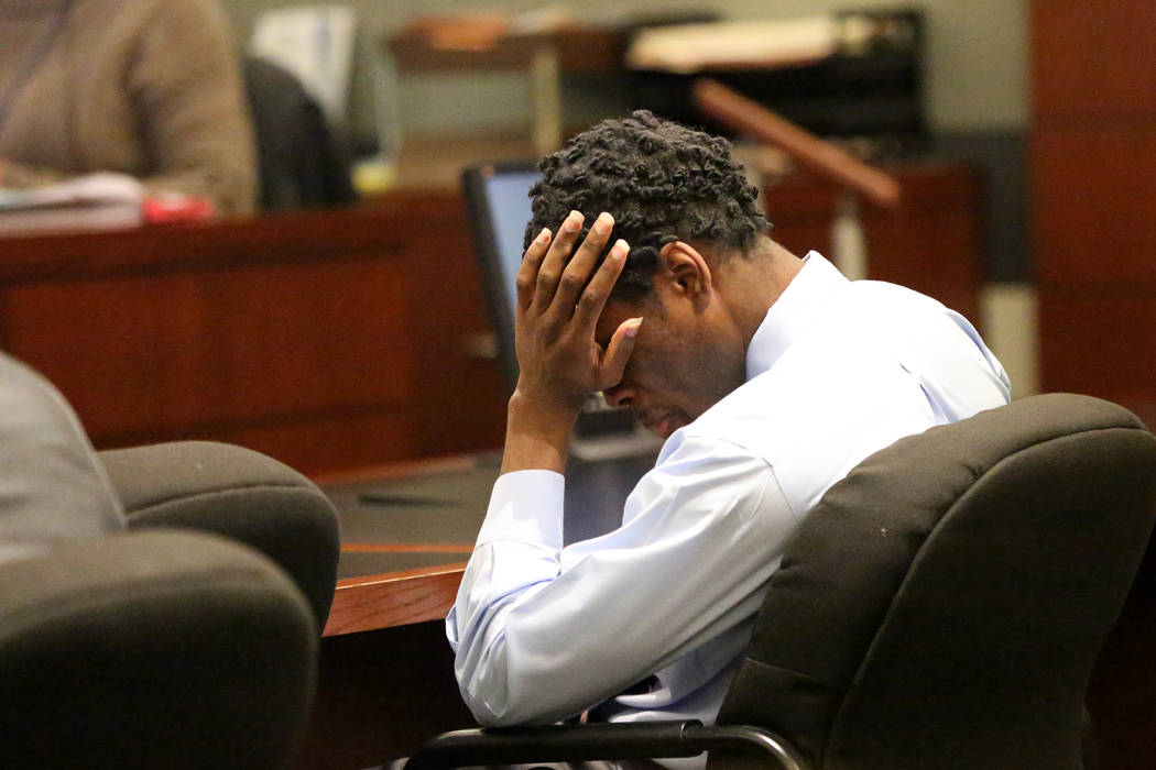 Bryan Clay, the Las Vegas man convicted of raping and murdering a mother and her 10-year-old daughter, is driven to tears as his mother, Latasha White, testifies during the penalty phase of h ...