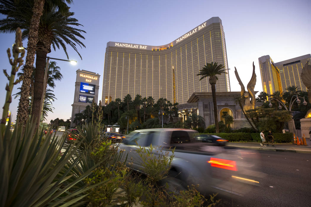 People drive past the Mandalay Bay on the Vegas Strip at dusk on Wednesday, Oct. 11, 2017. Richard Brian Las Vegas Review-Journal @vegasphotograph