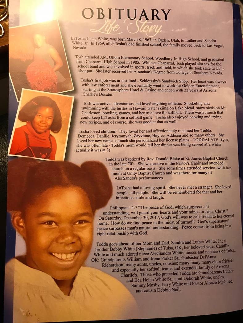 A picture from the program at LaTosha White's funeral. Photo courtesy of Michelle Huskins.