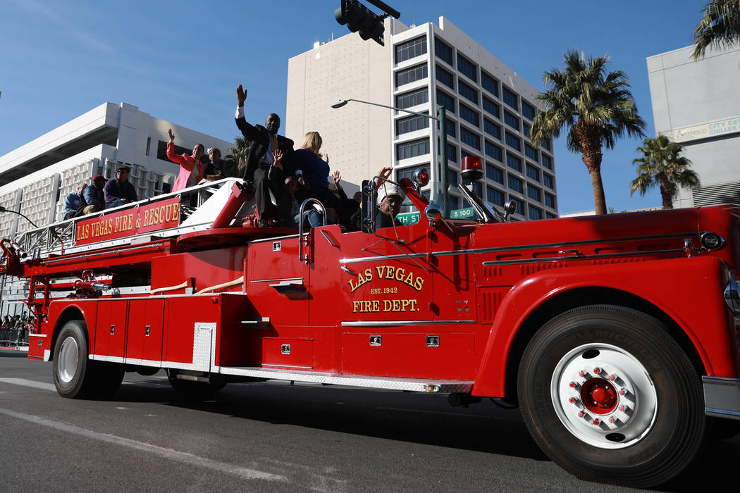 The Las Vegas Fire Department participates in the 36th annual Dr. Martin Luther King Jr. Parade, themed "Living the Dream: Building a Bridge to Unity," in downtown Las Vegas, Jan. 15, 2018. The pa ...